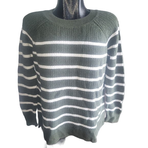 Old Navy Sweaters - Old Navy Olive Green and White Striped Sweater Sz.L